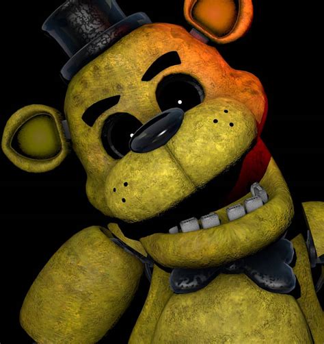 He sits slumped as if decommissioned, with a slack jaw and his palms facing up. . Golden freddy fnaf1
